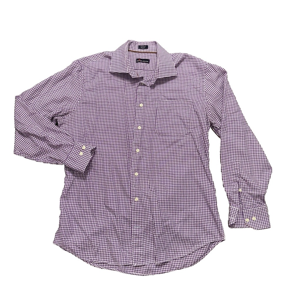 Peter Millar Mens Checked Button Soft Cotton Shirt Purple Size 16.5 Neck